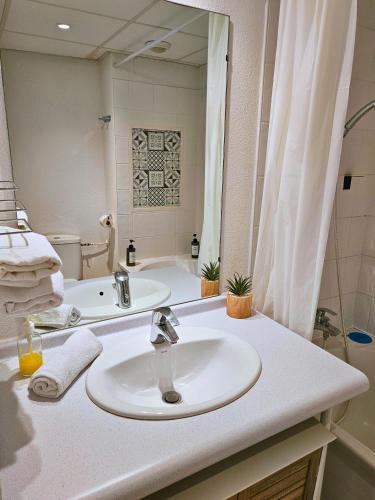 a bathroom with a sink and a tub and a mirror at [Chalet] Studio Premium, WIFI, Chaleureux in Lourdes