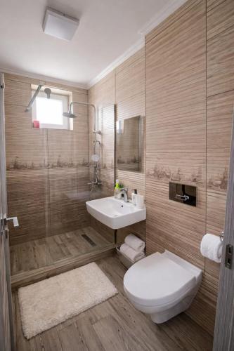 a bathroom with a toilet and a sink at Delux Flat Straja in Lupeni