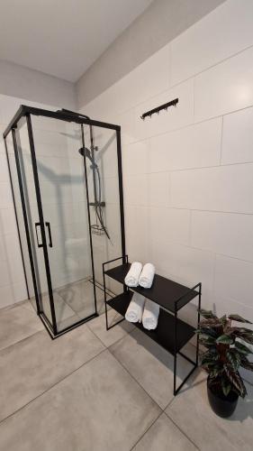 a shower in a room with two towels and a table at Apartament Bellissima in Bielsko-Biała