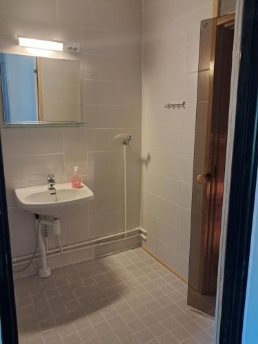 a bathroom with a sink and a shower at Koivulehto in Heinävesi