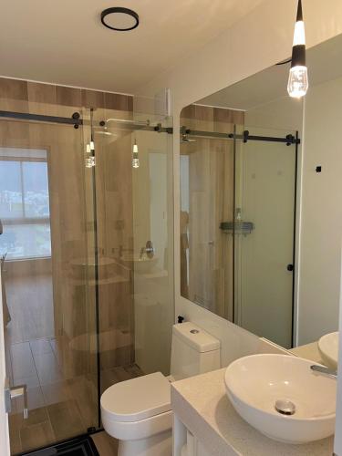 a bathroom with a shower and a toilet and a sink at Condo Apartment Suite Misti Volcano View in Arequipa