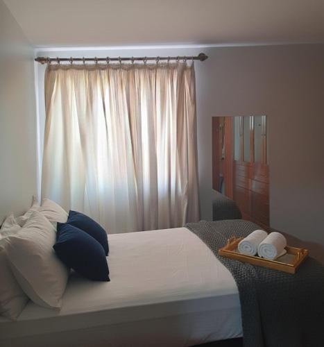 a bedroom with a bed with two pillows and a window at Apartamento Inteiro em Setor Nobre in Goiânia