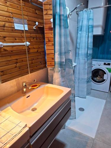 a bathroom with a sink and a washing machine at Haus Rieder in Wörgl