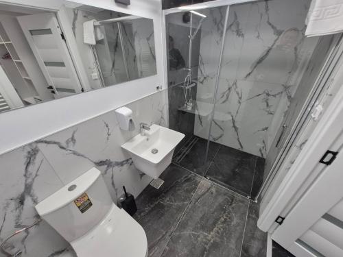 a bathroom with a white toilet and a sink at Central Suites Targu Mures in Târgu-Mureş