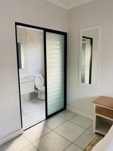 a bathroom with a toilet and a glass door at The blyde 1 bedroom in Pretoria