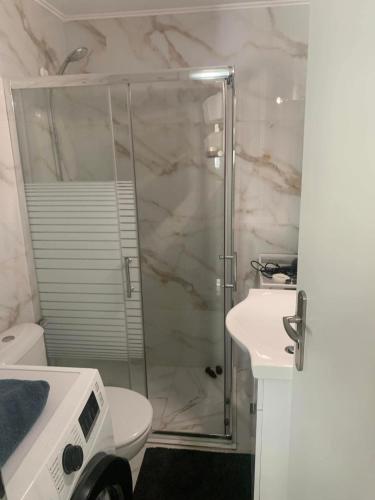 a bathroom with a shower and a toilet and a sink at Lemon tree Gr in Xylokastro