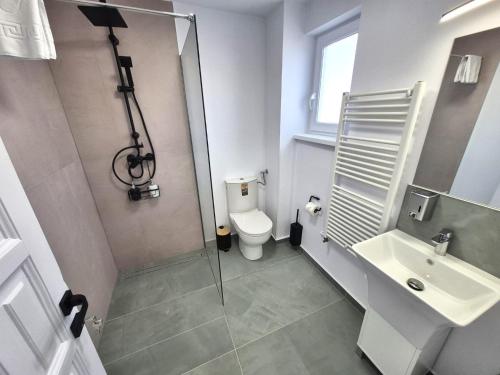 a bathroom with a shower and a toilet and a sink at Central Residence Targu Mures in Târgu-Mureş