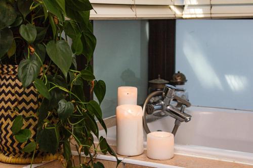 a bathroom sink with two candles and a plant at The Milkwood House in Wilderness