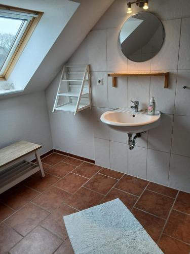 a bathroom with a sink and a mirror at Kranich in Wieck