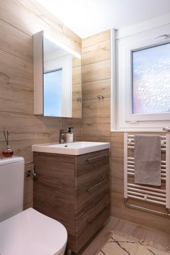 a bathroom with a sink and a toilet and a window at Superbe Studio Morgins au Pied des Pistes avec Piscine in Morgins