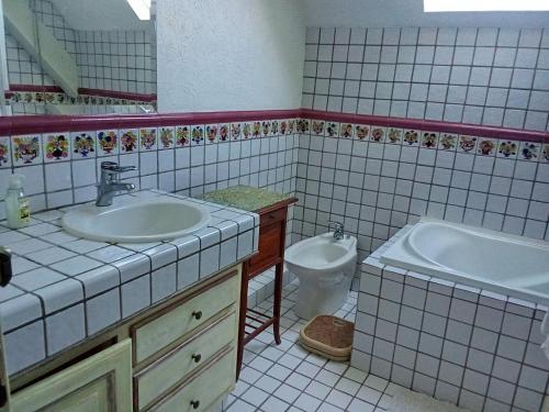 a bathroom with a sink and a toilet at Sur le Chemin d'Arles in Lescar