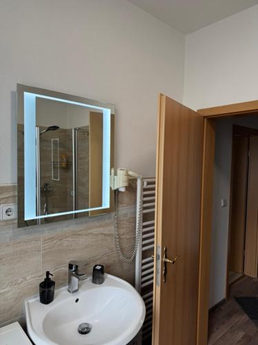 a bathroom with a sink and a mirror at Ferienwohnung Florion 4 in Bernburg