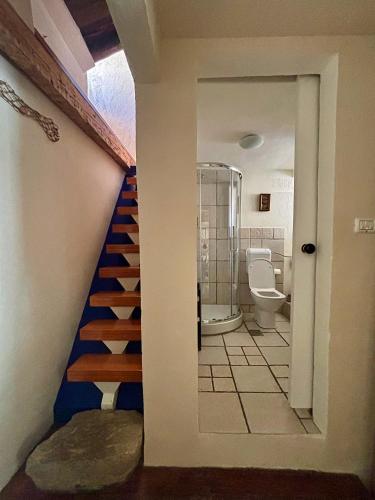 a bathroom with a staircase and a bathroom with a toilet at Franka Apartment in Piran