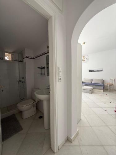 a white bathroom with a toilet and a sink at Ancient Wall House in Kampos Paros