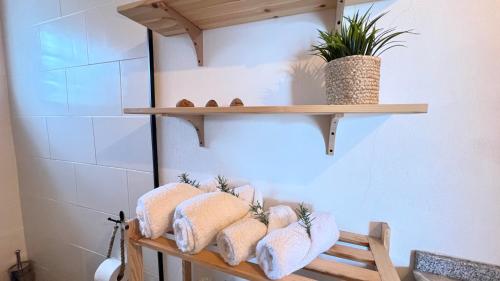 a shelf in a bathroom with towels and a plant at Casa do Mestre in Amieira