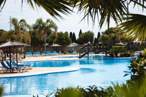 a large swimming pool with blue chairs and a slide at Hotel Bonalba Alicante in El Campello