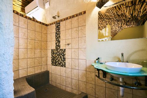 a bathroom with a sink and a shower at Ugab Terrace Lodge in Fingerklippe 