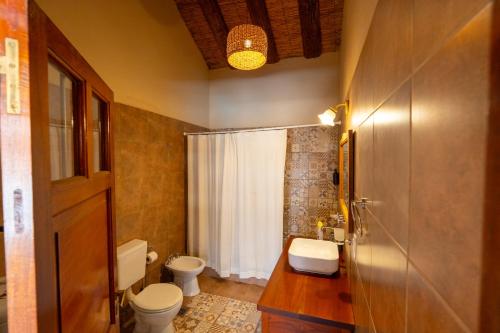 a bathroom with a toilet and a sink and a shower at La Rosada, Tilcara in Tilcara