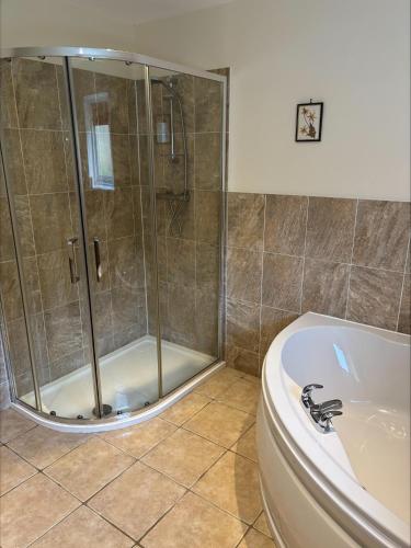 a bathroom with a shower and a toilet and a tub at Braehouse cottage in Kilmory