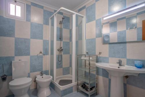 a bathroom with a toilet and a shower and a sink at Villa Alegra Paul do Mar in Paul do Mar