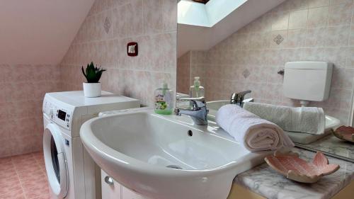 a bathroom with a sink and a washing machine at apartament skyline park residense in Lignano Sabbiadoro