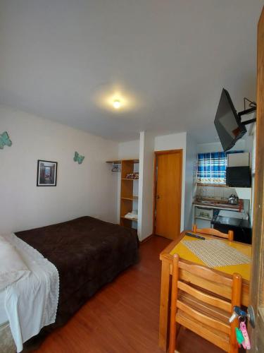 a bedroom with a bed and a desk in it at Cabañas Alquymia in Algarrobo