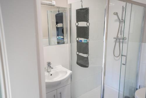 a bathroom with a shower and a sink at Alensgrove Maisonette B in Leixlip