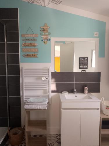 a bathroom with a white sink and a mirror at O Douceurs Sucrées Cabourg in Cabourg