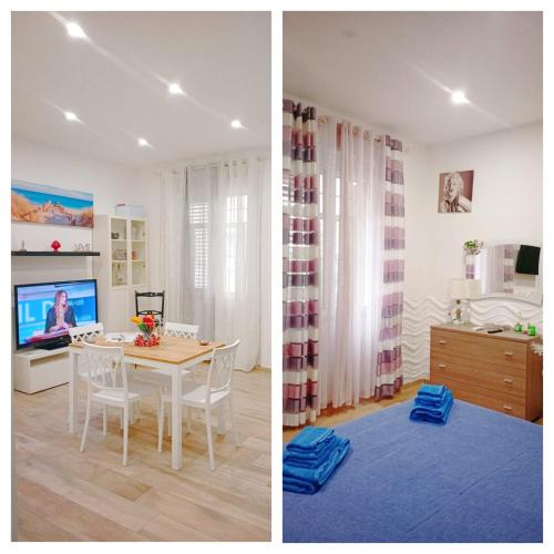 two pictures of a living room with a table and a tv at Trieste Apartment in Reggio di Calabria