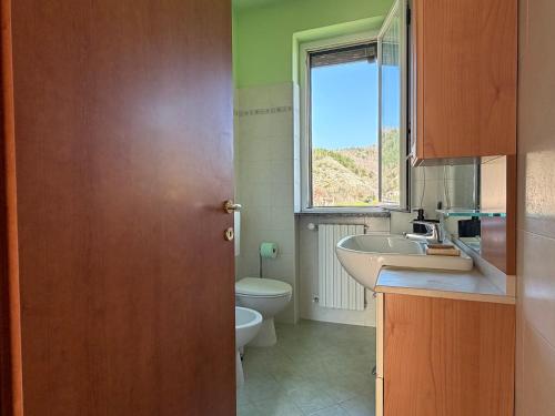 a bathroom with a sink and a toilet and a window at Casa dei Gufi in Cella