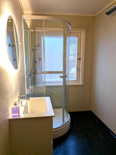 ein Badezimmer mit Dusche und Waschbecken in der Unterkunft Aurora Fjord View Escape Narvik garden sleeps 10 in Narvik