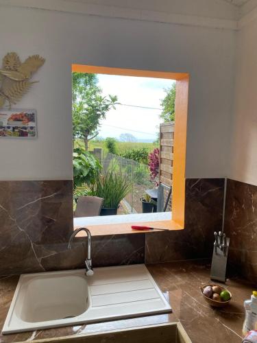 a kitchen with a sink and a window at Logement entier, Bungalow ou T2 in Sainte-Rose