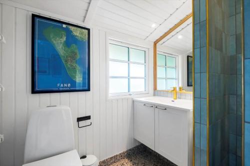 a bathroom with a toilet and a map on the wall at FAN026-Fano-Hedesvinget-12 in Fanø