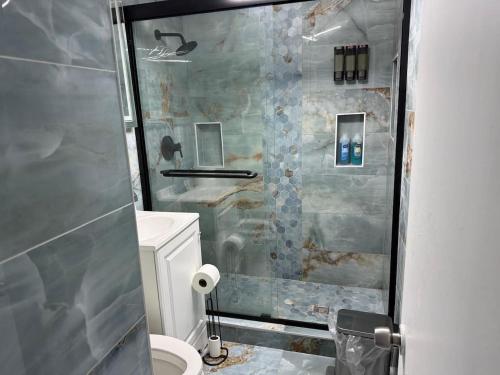 a bathroom with a shower and a toilet at The Slate and Stone House in Buffalo