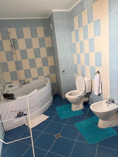 a bathroom with a tub and a toilet and a sink at Златна люспа in Bŭlgarevo