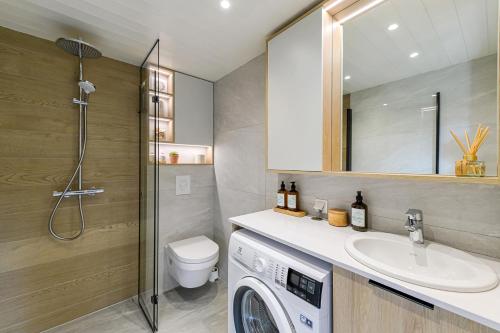 a bathroom with a washing machine and a sink at CozyEst Meremõisa in Meremõisa