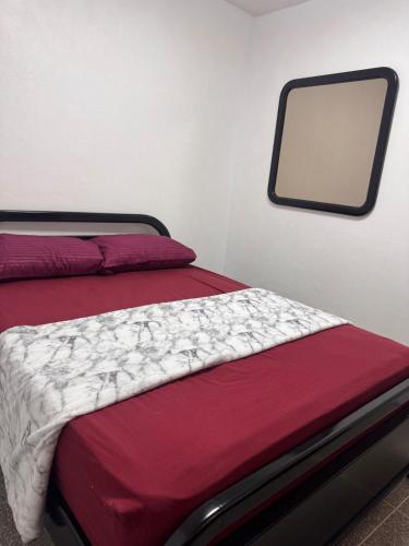 a bedroom with a red bed with a mirror on it at Cómodo apartamento en el centro de caraca in Caracas