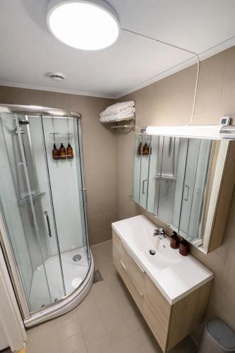 a bathroom with a shower and a sink at Liten studioleilighet meget sentralt i sentrum, 3 minutter fra torget in Trondheim