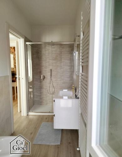 a bathroom with a shower and a white sink at Ca' Gioel in Sedrina