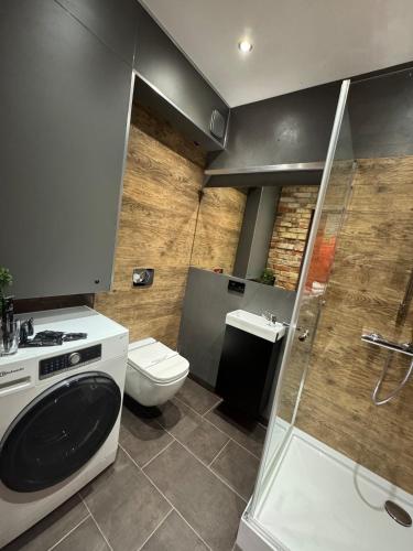 a bathroom with a toilet and a sink and a shower at Sunset Loft in Lubin