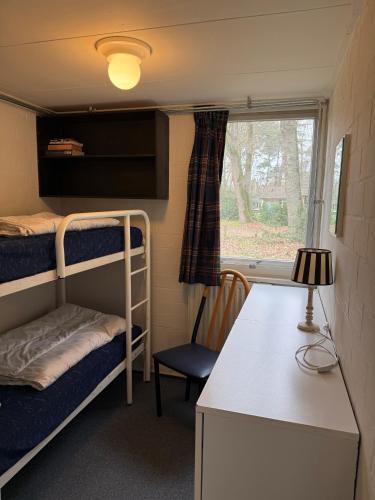 a small room with bunk beds and a desk at Vosseven 15 Haasje in Stramproy