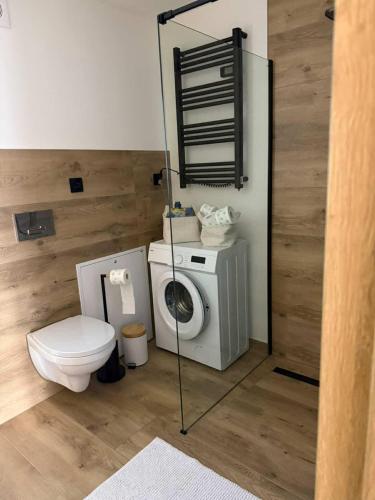 a bathroom with a washing machine and a toilet at Domek u Łowiszów in Dzianisz