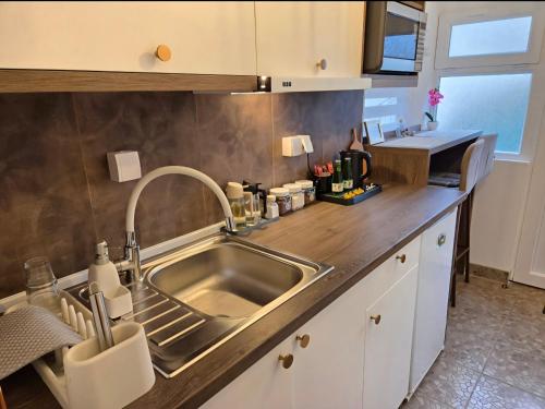 a kitchen with a sink and a wooden counter top at Kucica Yuva in Vrnjačka Banja