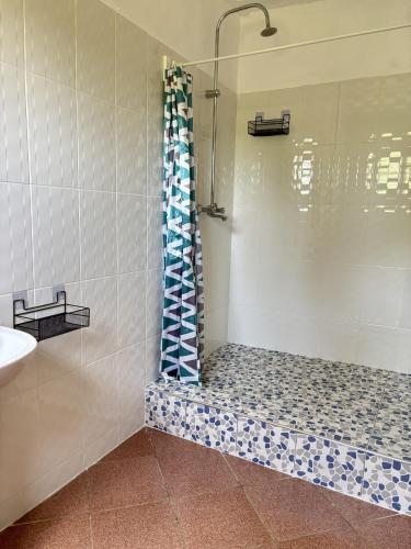 a bathroom with a shower with blue and white tiles at Mango House Watamu in Watamu