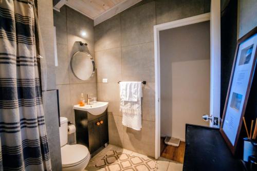 a bathroom with a toilet and a sink and a mirror at Hau Lodge Malalcahuello Corralco Starlink in Malalcahuello