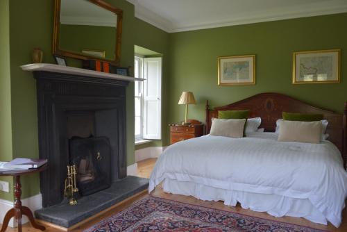 een groene slaapkamer met een bed en een open haard bij Inchiquin House in Corrofin