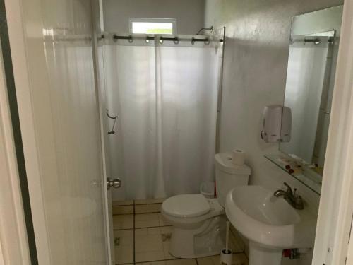 a bathroom with a shower and a toilet and a sink at Cozy 2BR Cabin with Pool in Cabo Rojo in Cabo Rojo