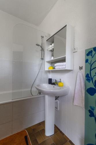 a white bathroom with a sink and a shower at Super Menton Bord Mer in Menton