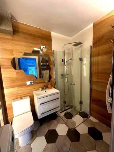a bathroom with a shower and a toilet and a sink at Apartament Vespa in Mechelinki