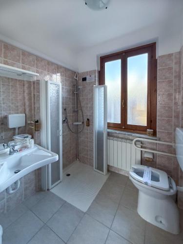 a bathroom with a shower and a sink and a toilet at Fell Hotel in Susa